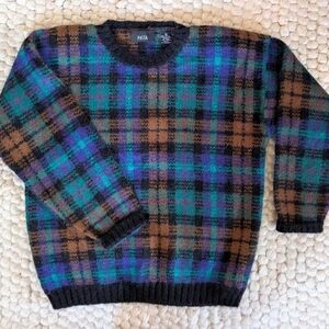Vintage Women's Plaid Sweater - Blue, Green, and Brown